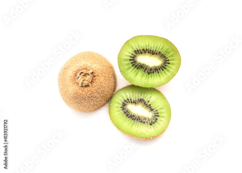 Sice of golden and green kiwi fruits isolated on white background photo