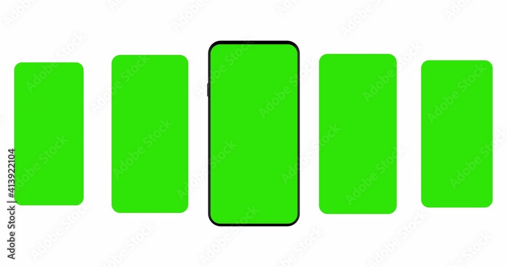 Smartphone with blank green sliding app screens isolated on white background. Animation for showcasing mobile web-site design of more projects