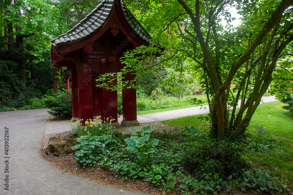 Gate Torii (side look ) and  naturew in japanese garden  in japanese garden in  Leverkusen , north Rhine-Westphalia