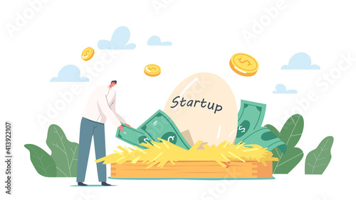 Profitable Idea, Start Up Project Development in Incubator. Tiny Businessman Character Take Dollars from Birds Huge Nest