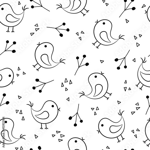 Seamless pattern with birds in cartoon style, linear art. Doodle