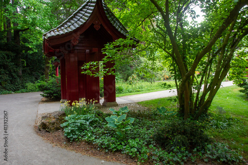Gate Torii (side look ) and naturew in japanese garden in japanese garden in Leverkusen , north Rhine-Westphalia