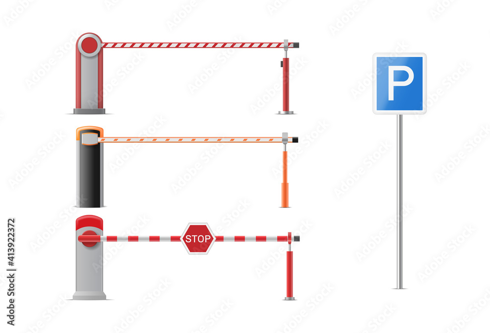 Obraz premium Set of closed parking car barrier gate with stop and park signs and forbidden entrance signs