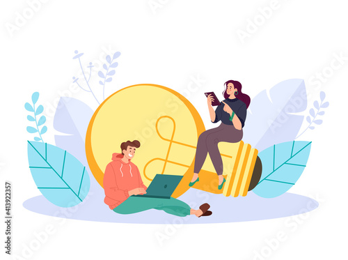 Man woman team charactes have good fresh idea. Start up new business learning education concept. Vector graphic design abstract illustration