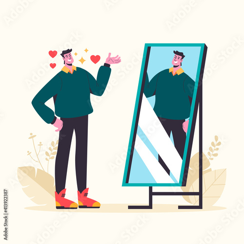 Narcissistic man looking at mirror and fall in love himself. Vector graphic design abstract illustration