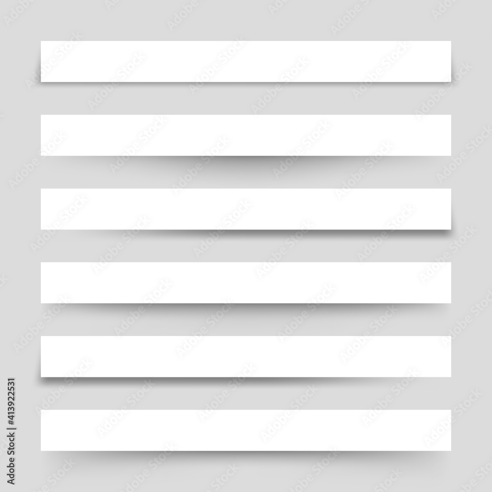 Set of white blank paper scraps with shadows. Page dividers on gray background. Realistic transparent shadow effect. Element for design. Vector illustration.