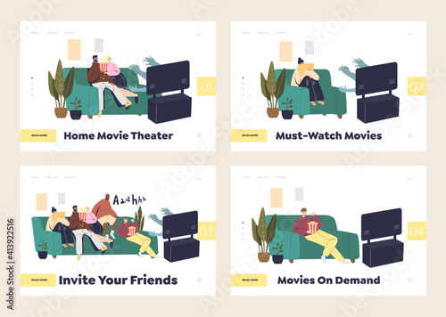 Watching movies at home concept of set of landing pages templates with people watch films