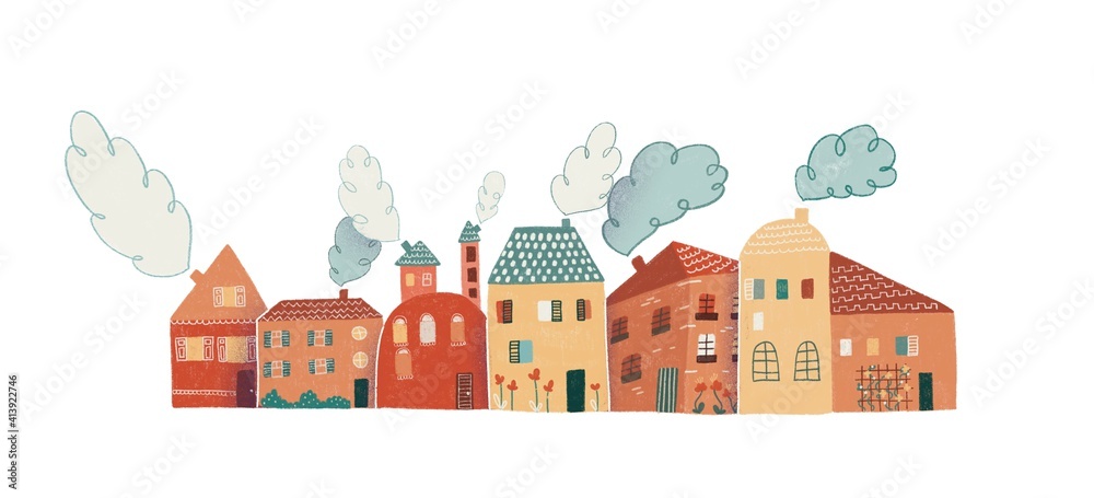 Colorful street with cartoon houses. Hand-drawn illustration of bright rural street preferably for postcards and souvenirs.