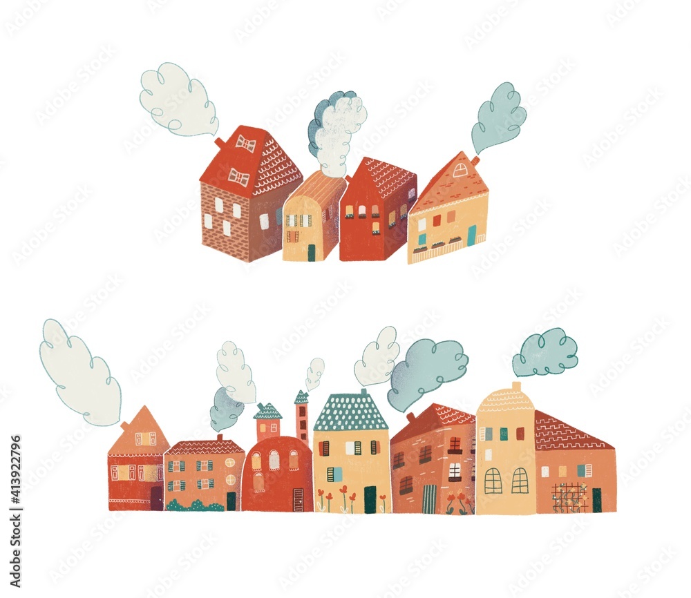 Bright streets with vintage European houses. Collection of isolated elements on a white background.  Hand drawn illustration is preferred for cards, souvenirs, children room decoration, web design