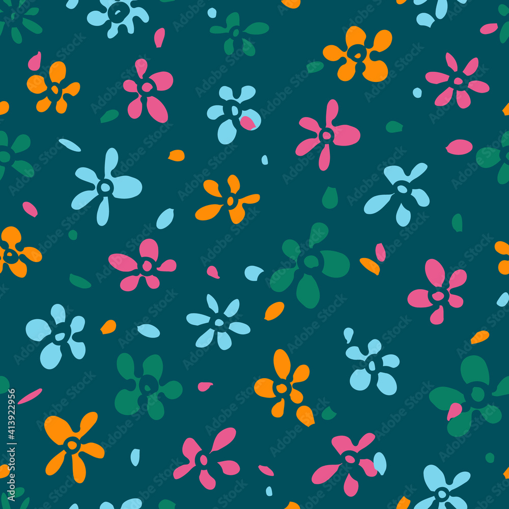 Obraz premium Multicolor random placed abstract vector flowers seamless pattern cropped with green background.