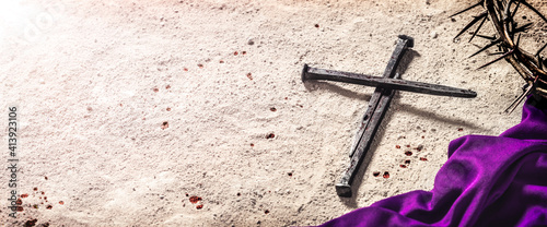 Canvas Print Three Nails In Shape Of Cross With Purple Robe, Crown Of Thorns And Blood Drops