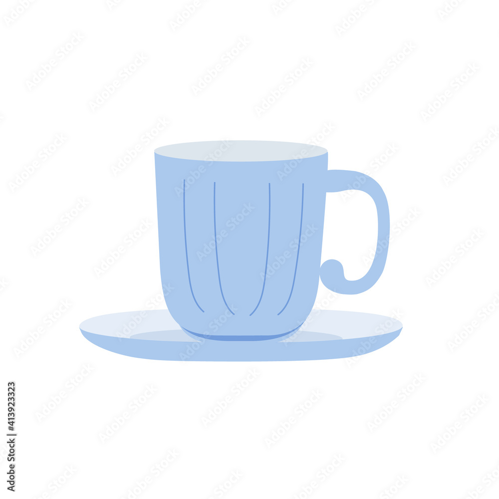 Tea cup with saucer, delicate blue kitchen porcelain, breakfast tableware, cozy home eco-friendly concept, hand drawn vector illustration Tea cup with saucer, delicate blue kitchen porcelain, breakfast tableware, cozy home eco-friendly concept, hand drawn vector illustration