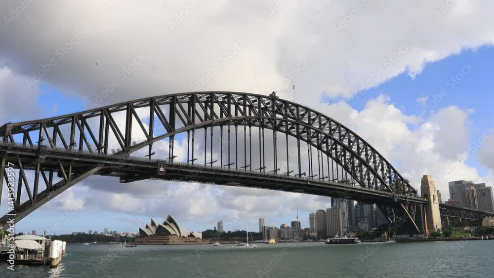 Arch of Sydney Harbour bridge under swift clouds in time lapse 4k.
Arch of Sydney Harbour bridge under swift clouds in time lapse 4k.