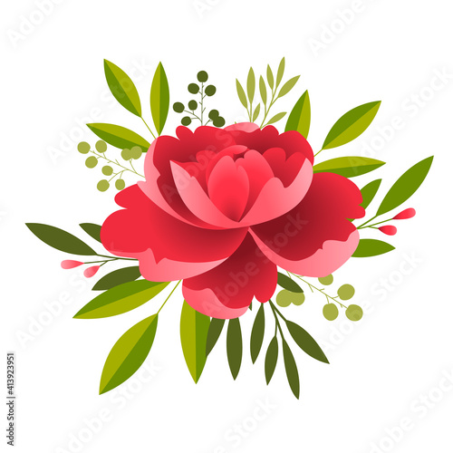 Vector flower bouquet, design element isolated on white background. Terry Petunia, peony pink, yellow and red and twigs with leaves. Greeting floral card.