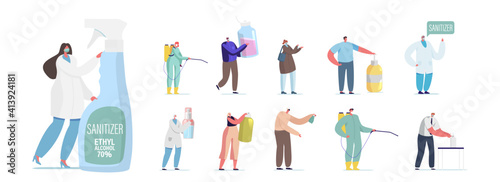 Set of People with Sanitizers. Tiny Male and Female Characters with Huge Antibacterial Liquid Bottles, Disinfectant Soap