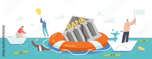 Bankruptcy Concept. Businesspeople Characters Swim around Sinking Bank Building on Lifebuoy Trying to Survive in Crisis