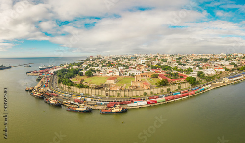 Santo Domingo, Dominican Republic - 16 December 2020: Aerial view of Santo Domingo cityscape with Ozama Fort facing the Ozama river, Zona Colonial. photo