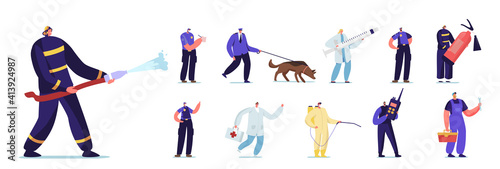 Set of People Emergency Workers. Male and Female Characters Police Officer with Dog , Fire Fighter, Doctor and Plumber