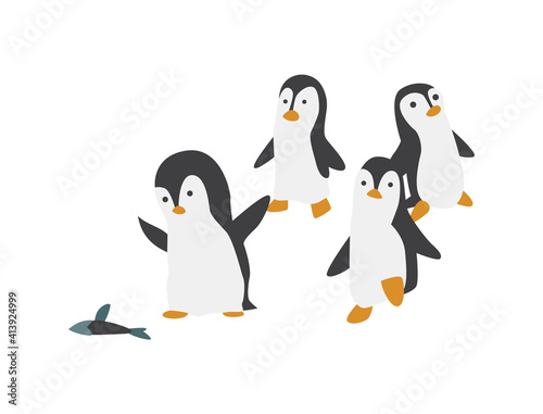North pole arctic fauna. Polar penguin vector illustration in flat style. Little penguins fishing in the north. Arctic animal icon. Winter zoo design element