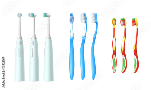 Set of different toothbrush on white background: plastic, electrical automatic and kids tooth brush
