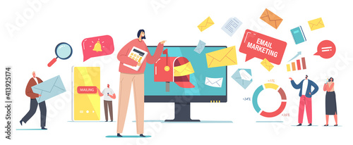 Email Digital Marketing, Online Communication Concept. Tiny Business Characters at Huge Computer Sending Messages