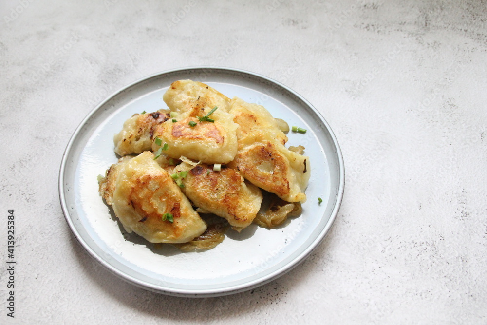 fried dumplings, crispy dumplings with fried onion, round plate full of hot dumplings sprinkled with green onions fried dumplings, crispy dumplings with fried onion, round plate full of hot dumplings sprinkled with green onions