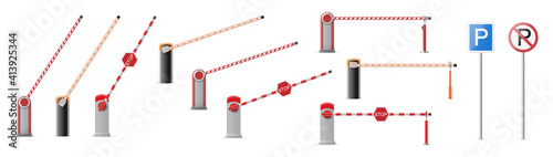 Set of open and closed parking car barrier gate with stop and park signs isolated on white background