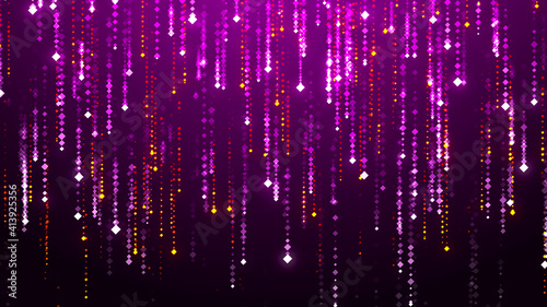 Cyberspace with purple digital falling lines. Starburst dynamic lines or rays. Binary hanging chain. Abstract speed background.