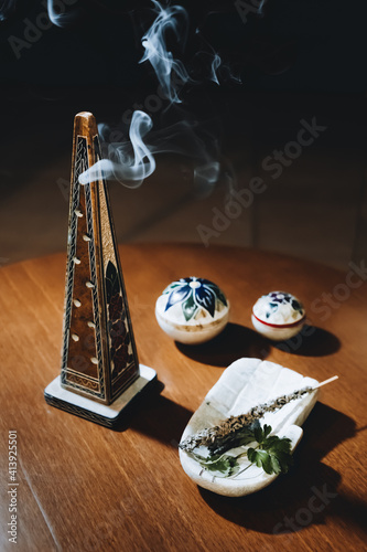 Incense and herbs for Zen Buddhist meditation photo