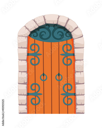 Fairytale door medieval. Element of medieval castle or fortres. Wooden portal with stone arch, forged metal hinges. Vector cartoon gate isolated on white background