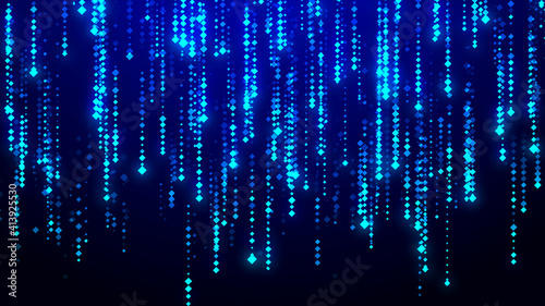 Cyberspace with blue digital falling lines. Starburst dynamic lines or rays. Binary hanging chain. Abstract speed background.