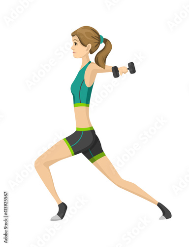Woman fitness. Icon of girl doing sport exercises. Active and healthy life concept. Female workout fitness, aerobic or exercises. Slim woman in costume doing fitness workout