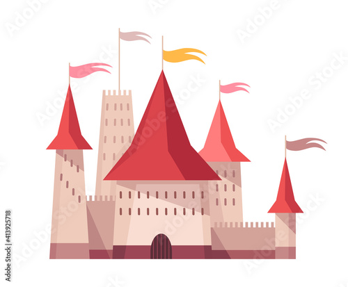 Medieval kingdom character. Fairy-tale castle of middle ages historic period. Vector building exterior design