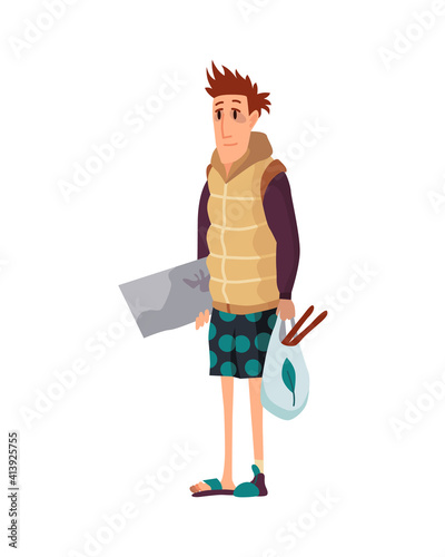 Homeless people. Sad jobless people in dirty clothes begging money and needing help. Unemployment men needing help. Beggar bum or vagrant homeless young man