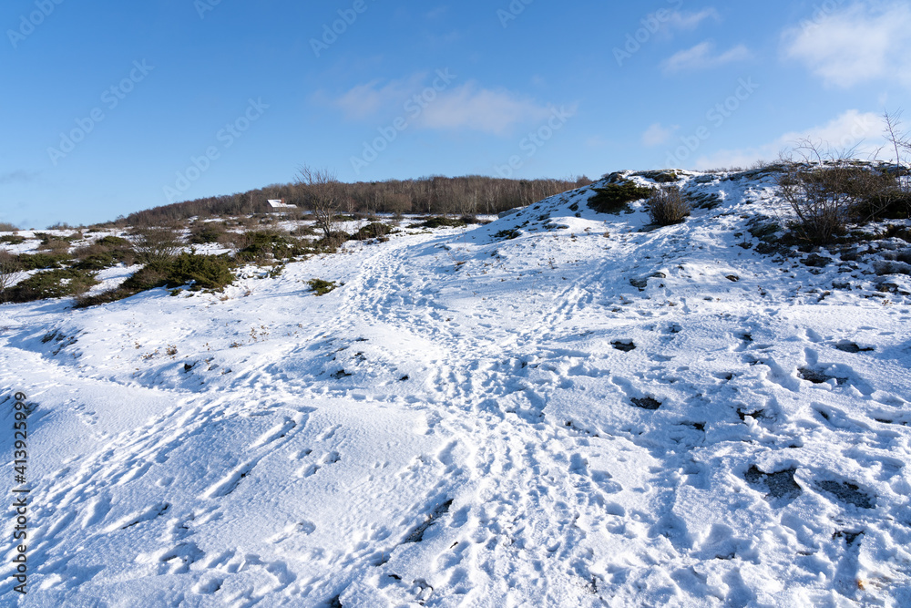 Winter landscape of Hovshallar Nature Reserve on the Swedish west coast. Popular tourist destination in Sweden.