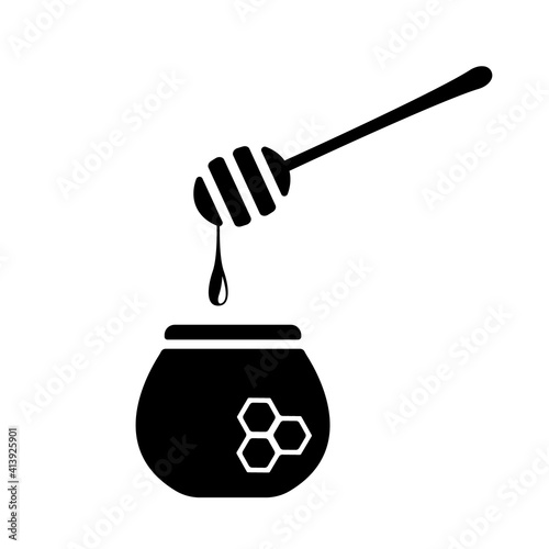 Honey pot with black honey dipper icon. Sweet organic liquid flows down wooden spoon into ceramic vessel with vector honeycomb symbol.