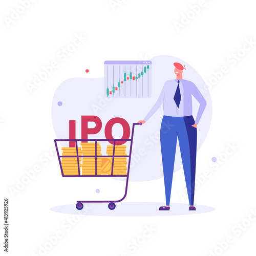 Investor invests in new share and IPO. Concept of initial public offering, return on investment, financial solutions, passive income. Vector illustration in flat design for web banner, landing page