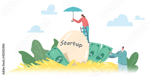 People Start Up Project. Tiny Businesswoman Character Stand on Ladder Protecting Huge Startup Egg in Nest with Umbrella