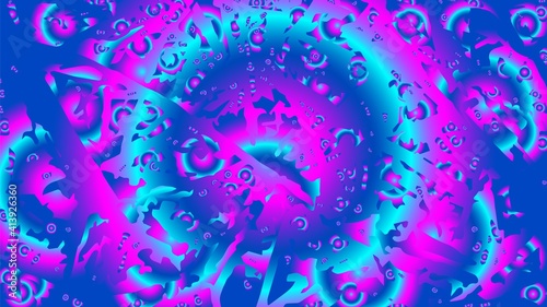 Bright bursts of torn reality with diverging waves abstract background. Explosion blue circles with pink astral bubbles hallucinogenic visions lsd and transition to parallel vector worlds.