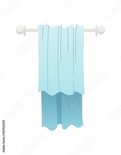 Bathroom element. Heated towel rack in polished steel or chrome finish with blue color towel. Isolated on white background