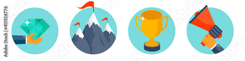 Flat style business concept background. Success and goals achievement. Smart solutions. Rocky mountain peak. Golden trophy. Vector illustration.