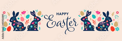 Happy Easter, decorated easter card, banner. Bunnies, Easter eggs, flowers and basket. Folk style patterned design. 