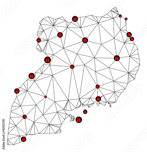 Polygonal mesh lockdown map of Uganda. Abstract mesh lines and locks form map of Uganda. Vector wire frame 2D polygonal line network in black color with red locks. Frame model for lockdown purposes.