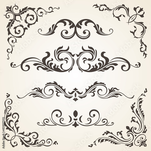 set of Swirl Elements and Corners for design. Calligraphic page decoration, Labels, banners, baroque Frames floral ornaments. Old paper