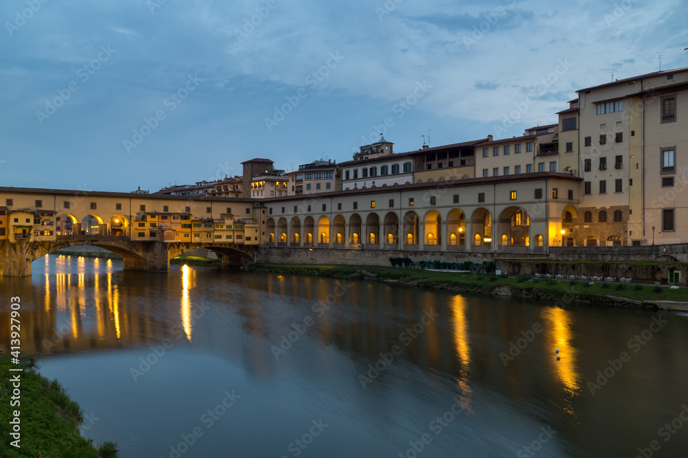 Panorama of the Italian city Florence with the golden bridge and Palazzo Fizzi
