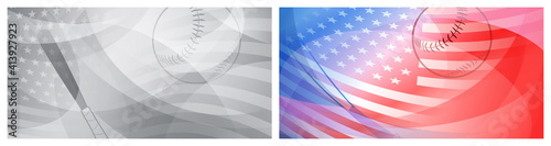 Set of two backgrounds with baseball bat, ball and USA national flag in gray, red and blue colors