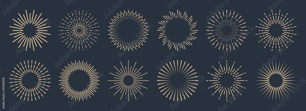 Vintage sunburst collection. Bursting golden sun rays. Fireworks. Logotype or lettering design element. Radial sunset beams. Vector illustration.