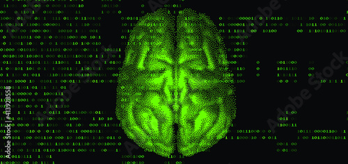 Human brain on the dark background with binary code. 3D illustration of the cerebrum made in refrofuturistic cyberpunk pixel art style.