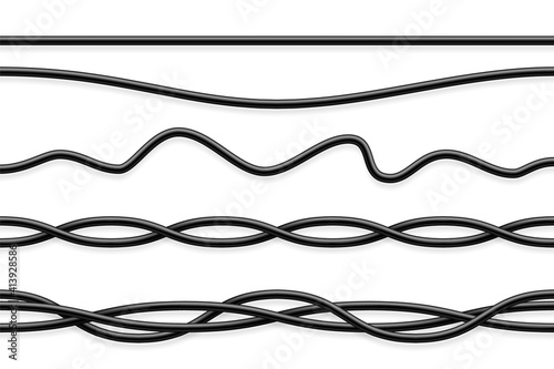 Flexible cables collection. Black electrical wire. Realistic power or network cable. Vector illustration.