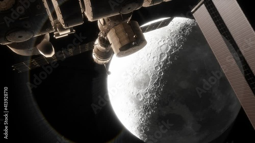 A closeup view of a space station modeled after the future NASA Lunar Gateway, orbiting the Moon, with beautiful lens flares and glow in this stylistic science fiction concept animation